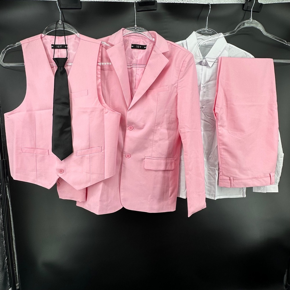 Boys Pink 5-Piece Formal Suit Set Blazer Vest Pants Shirt Tie Size 16Y